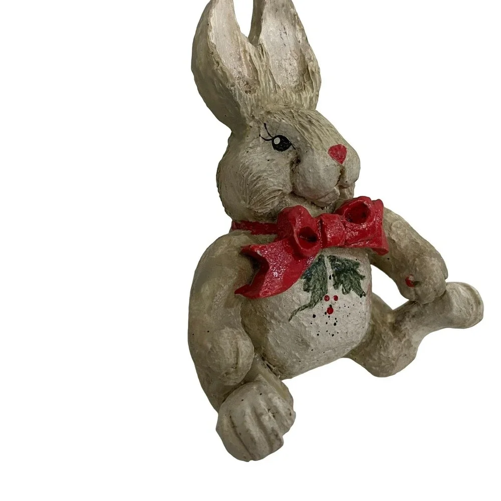 Unbranded Bunny Rabbit Figurine Unisex Small Tan Christmas Bow Holly Resin Decor